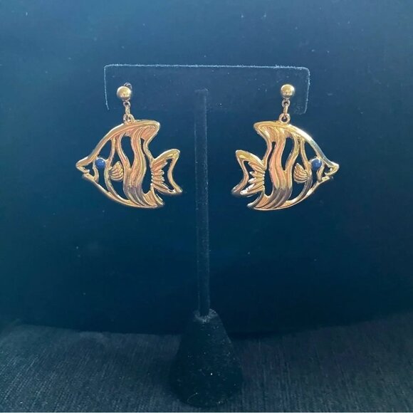 Vintage AVON "Two Fish" Gold Tone Dangle Earrings with Blue Eye Accent - Picture 3 of 9